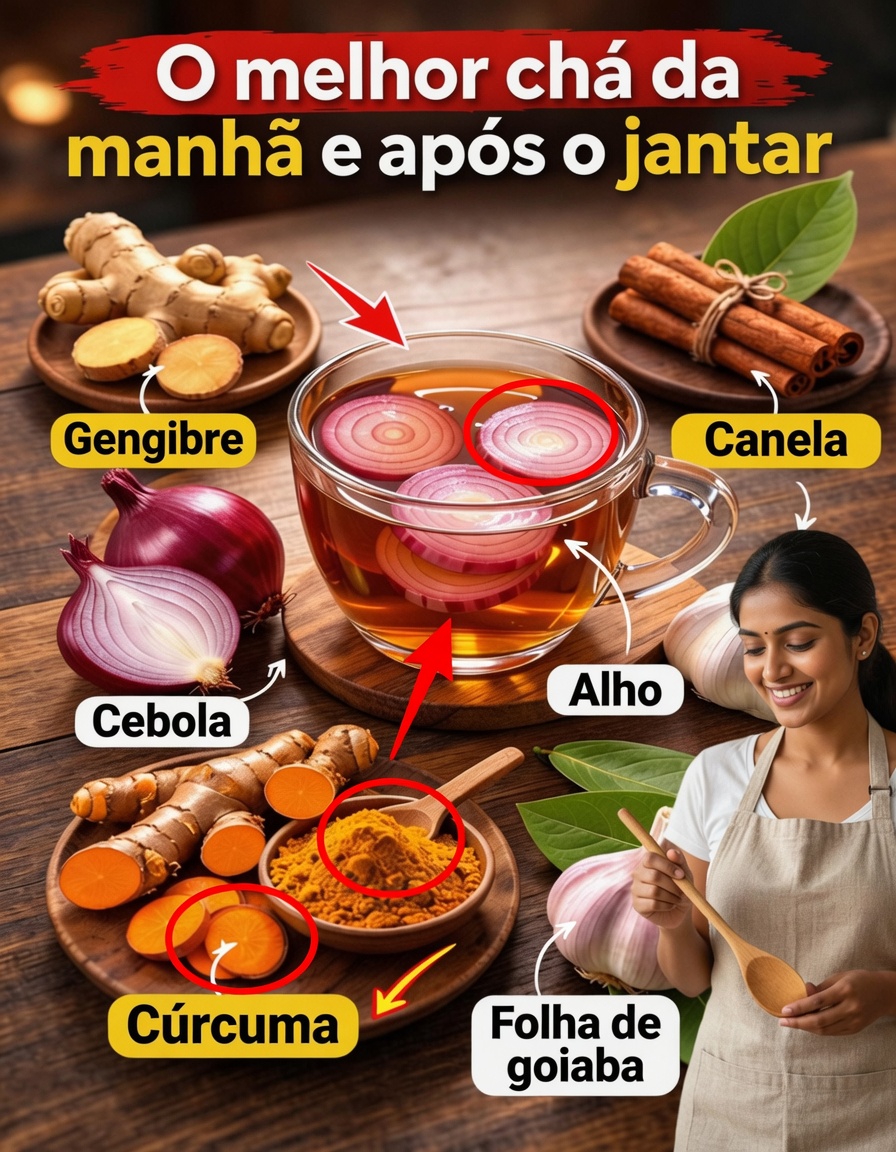 Descubra esta popular receita de chá para a manhã e para depois do jantar com gengibre, cúrcuma, cebola, alho, canela e folha de goiaba