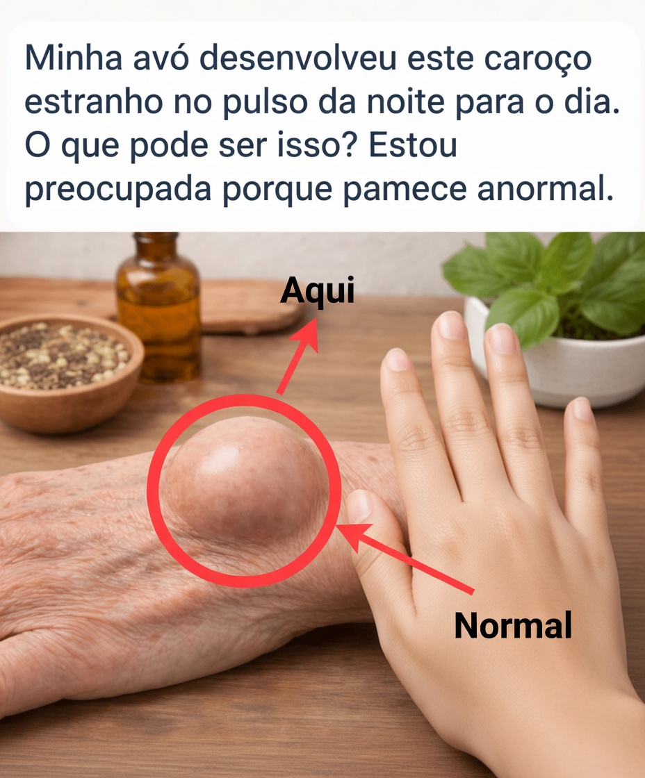 Minha avó desenvolveu esse caroço estranho no pulso de um dia para o outro. O que poderia ser? Estou preocupado porque parece anormal