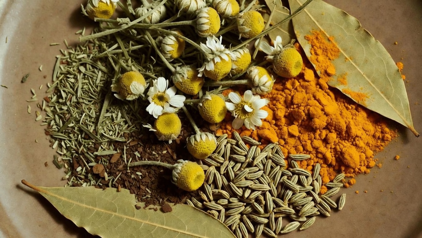 Explorando os potenciais benefícios de uma mistura de chá de ervas de camomila, cúrcuma, erva-doce e folha de louro