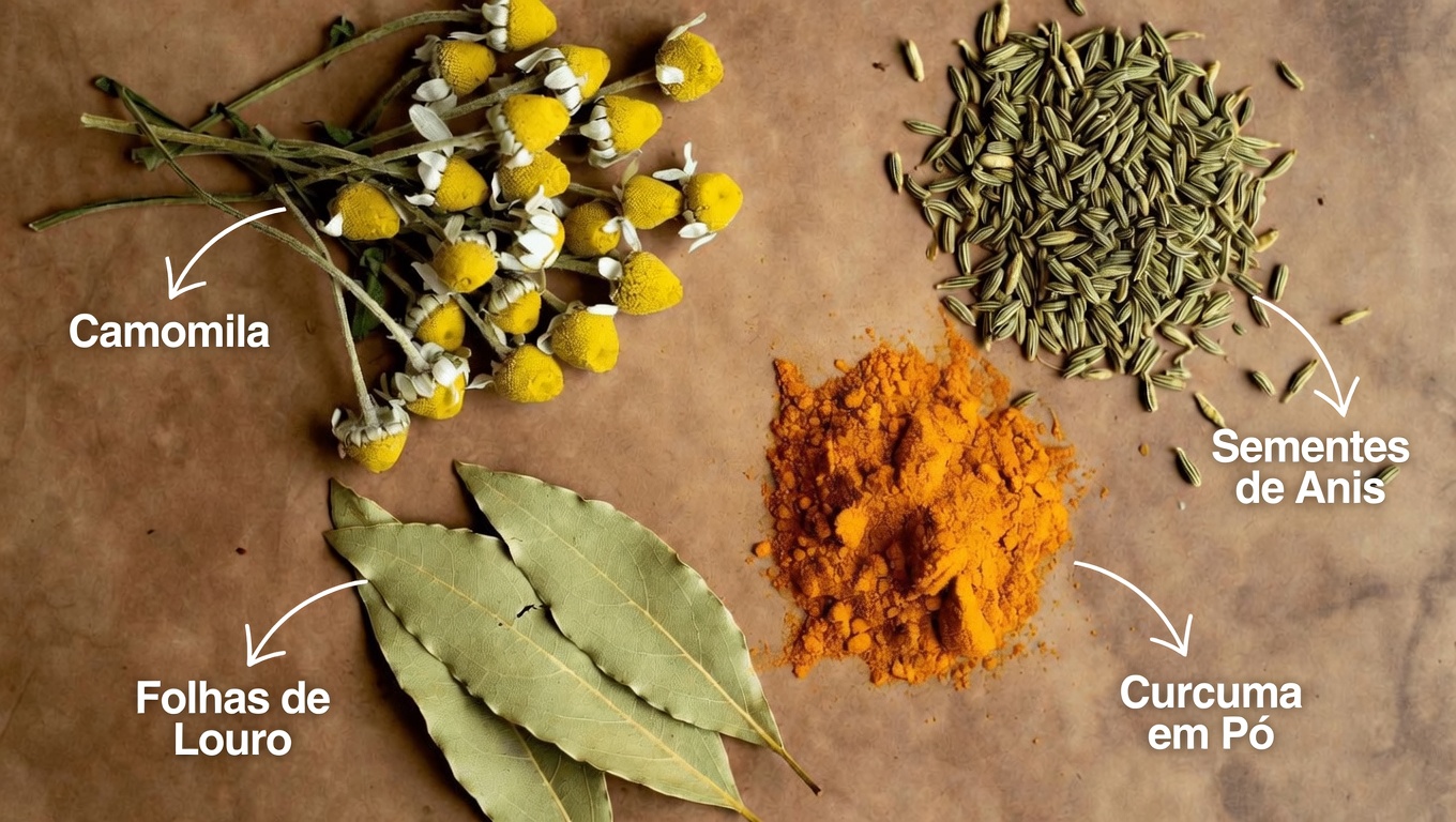 Explorando os potenciais benefícios de uma mistura de chá de ervas de camomila, cúrcuma, erva-doce e folha de louro