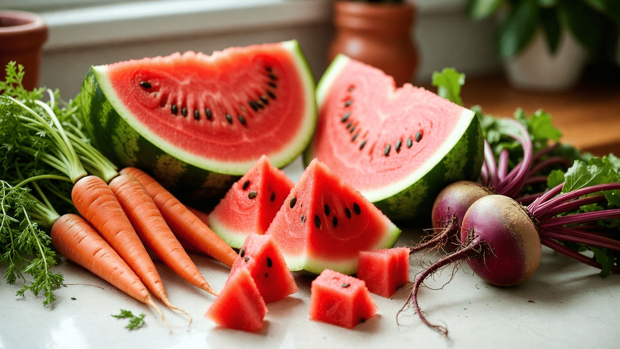 Suco Refrescante de Melancia, Cenoura, Beterraba e Gengibre: Uma Receita Caseira Rica em Nutrientes e Seus Potenciais Benefícios para o Bem-Estar