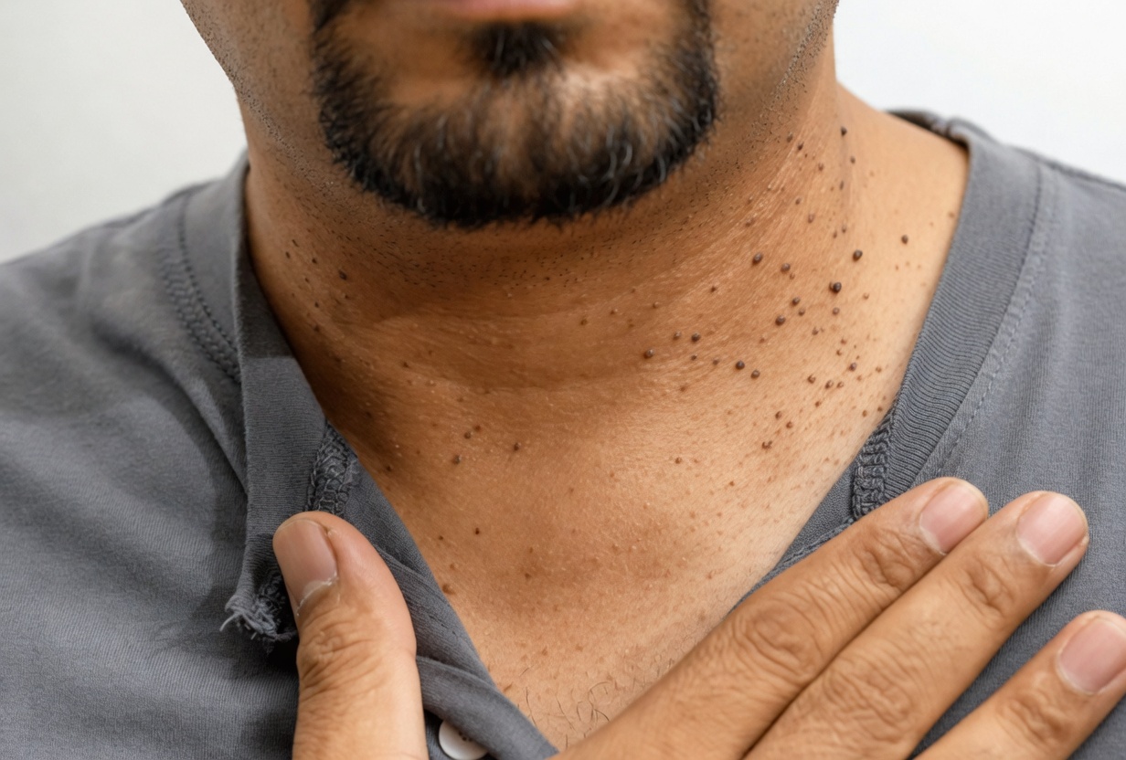 O que são essas protuberâncias escuras e cerosas no pescoço do vovô — e por que coçam?