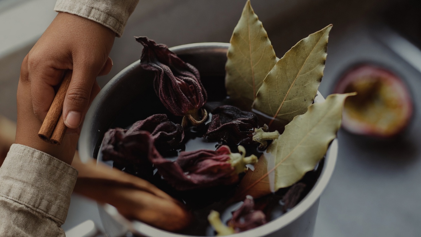 Uma Mistura Simples de Chá de Ervas: Explorando Hibisco, Folha de Louro e Canela para o Bem-Estar Diário